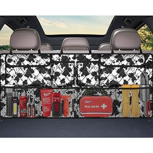 Femuar Car Trunk Organizer,Large Capacity Backseat Trunk Organizer(42"*18"),Collapsible Car Storage Bag with 8 Pocekt,SUV/MPV/Truck - Cow print