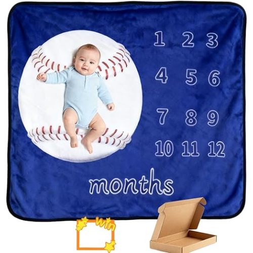 Baby Monthly Milestone Blanket Baseball Month Blanket for Newborn Boys & Girls, Soft Flannel Mat with Photo Prop for Baby Shower, Neutral 45x40 Inches