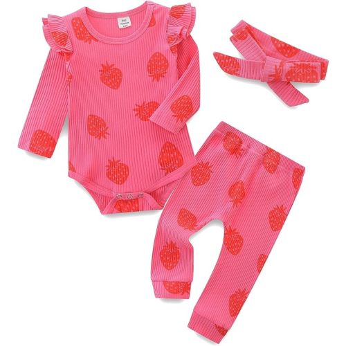 Fullfamous Baby Girl's 3pc Rib Frill Long Sleeve Romper and Pant Set