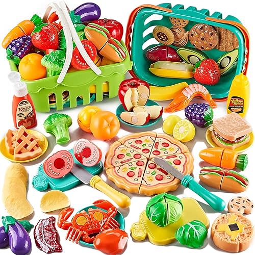 85Pcs Pretend Play Food Sets for Kids Kitchen, Cutting Toy with 2 Baskets, Fake Pizza Veggies Fruits and Dessert, Preschool Educational Learning Toys, Fine Motor Skills Toddler Boys Girls Gift Ideas.