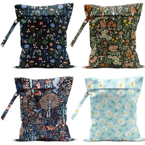 4 Pack Cute Wet Bag Waterproof Washable Reusable Wet Dry Bag for Swimsuit Dirty Clothes Diaper Travel Beach Pool Yoga Gym Christmas PartyToiletries Beach Essentials, Forest Fox Cat Daisy Wildflower