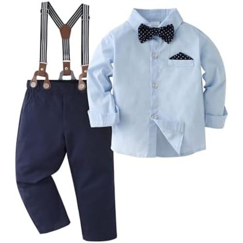 CARETOO Toddler Boy Clothes Suit Gentleman Wedding Outfits Kids Formal Dress Shirt Bowtie Long Suspender Pants Overalls 1-5T