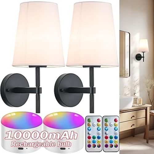 Wireless Sconces Set of 2, Battery Wall Sconce Including 10000mAh Large Capacity Dimmable Magnetic Battery Operated Light Bulbs, Easy to Installed in Any Area Without Hiring Electrician.
