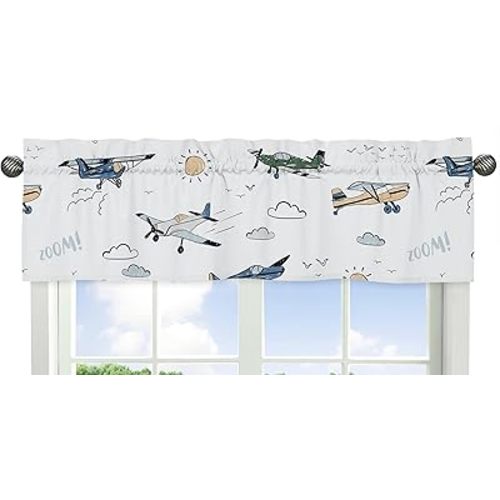 Sweet Jojo Designs Green Vintage Airplane Boy Window Valance Curtain Treatment for Baby, Nursery, Kids Room, Kitchen, Bathroom, Bedroom - Airplanes, Transportation, Clouds, Sun, Sky, Aviator, Aviation