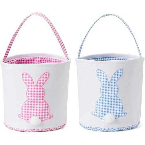 Easter Basket with Handle Easter Bucket Easter Baskets Easter Basket Bags Egg Hunt Basket Canvas Plaid Bunny Print Basket with Fluffy Tail (Pink Plaid+Blue Plaid)