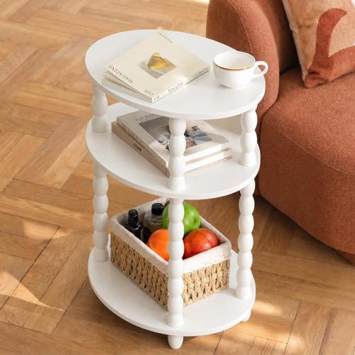 3-Tier Round Side Table, Small End Table with Solid Wood Spindle Legs White