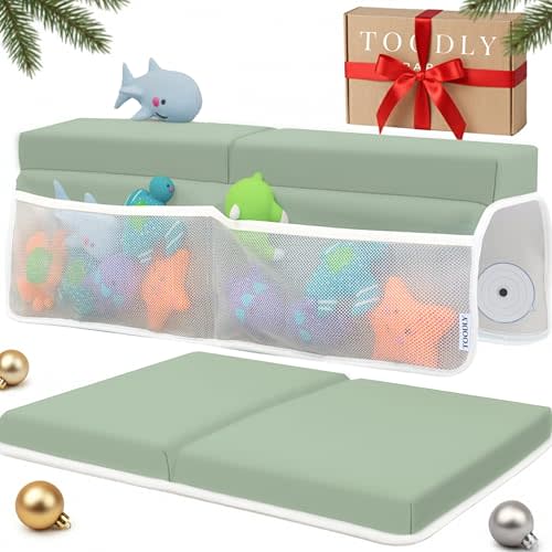 Comfortable Baby Bath Kneeler and Elbow Rest Pad Set – Thick Memory Foam Bath Kneeling Pad with Elbow Support – Baby Bathtub Cushion with Toy Organizer for Bathing Infant or Toddler - Green