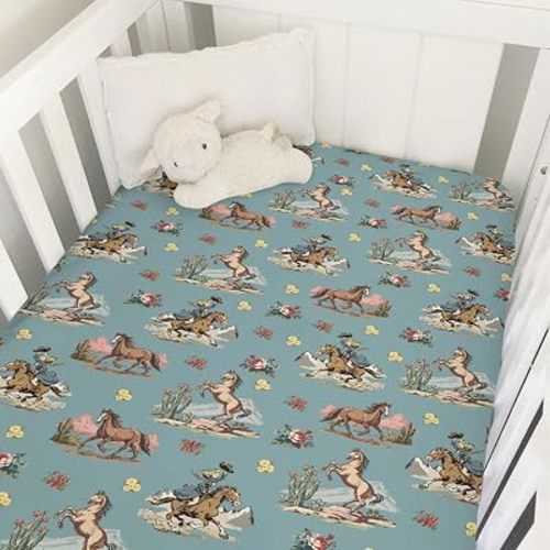 Vintage Cowgirl Horses Baby Crib Sheets for Boy Girl Western Cowgirl Flowers Cactus Soft Snug Fitted Crib Mattress Covers for 52''x28'' Standard Crib & Toddler Mattress Wild West Desert Bed Sheets
