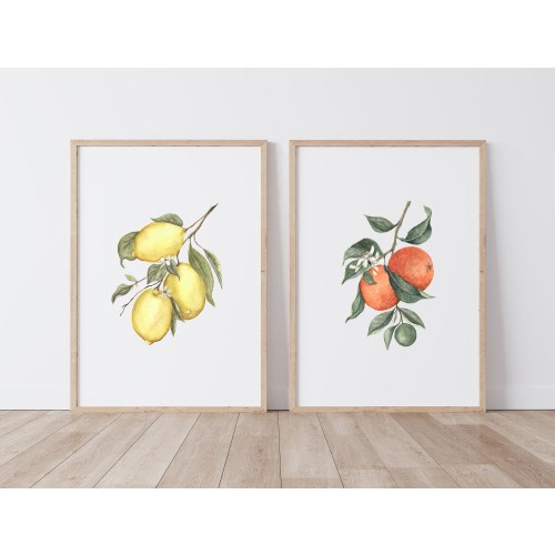Citrus Fruit Art Print, Botanical Wall Art, Orange Art, Lemon Art, Set of 2, Minimalist Watercolor Painting, Kitchen Art, Home Decor