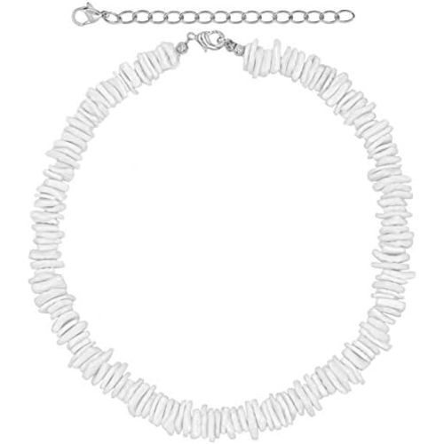 Fablinks White Puka Shell Necklace, Hawaiian Seashell Necklace for Men, VSCO Girl Beach Necklaces for Women, Beachy Beaded Summer Pooka Choker, Heishi Clam Chips Surfer Jewelry