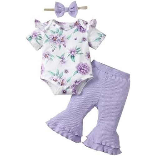SUNNY PIGGY Baby Girl Clothes Newborn Outfits Ruffle Floral Romper Flared Pants 3Pcs for Infant 0 3 6 9 12 18 24 Months
