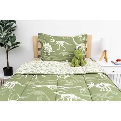 Beddy's Dinosaurs T-rex Theme Boys Durable Zipper Bedding for Kids, Bed in a Bag, Green Sheets and Comforter with Dino Fossils, Includes Pillowcase and Pillow Sham, Easy to Make and Wash