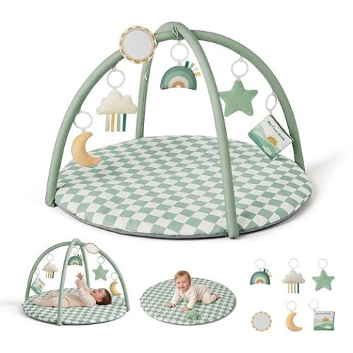Blissful Diary Baby Play Gym Mat, Play Mat Activity Mat with 6 Detachable Toys for Stage-Based Sensory & Motor Skill Development, Easy to Install & Clean, Baby Essentials Gift, Sage Checkerboard