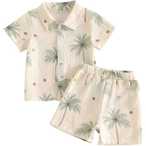 Kupretty Toddler Baby Boy Clothes Tropical Vacation Summer Outfits Button Up Short Sleeves Hawaiian Beach Shirts & Shorts