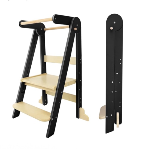 Nordi Foldable Toddler Kitchen Tower, Montessori Kitchen Stools Helper, Standing Tower with 3 Adjustable Heights, Suitable Age for 2-6 Years, Black