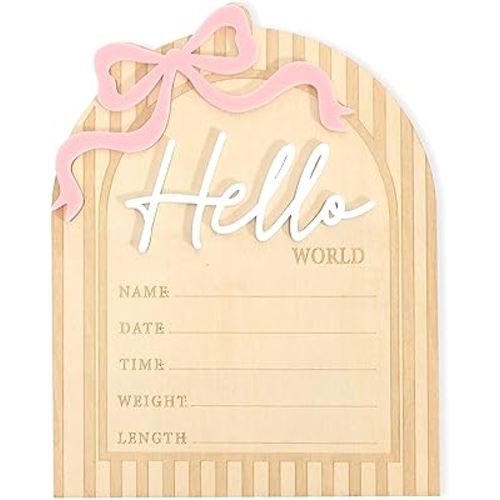 Bow Hello World Wooden Board - Hospital Newborn Information Record,Birth Milestone Bulletin Board Photo Props,Sweet Pink Bow Nursery Decorations,Little Princess Hello World Announcement Sign