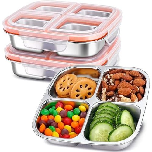 KTKUDY 3 Pack Stainless Steel Snack Containers - Divided Bento Snack Box - 4 Compartment Meal Prep Lunch Containers for Kids Daycare, School, Work, Travel