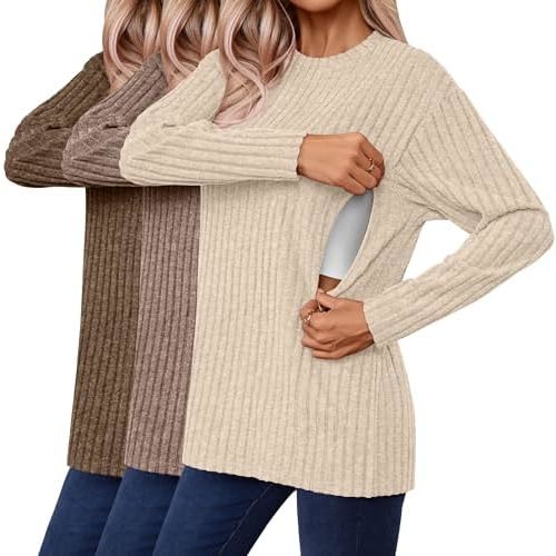 3 Pack Women's Nursing Shirts for Breastfeeding Zipper Ribbed Oversized Sweater Cotton Long Sleeve Maternity Tops