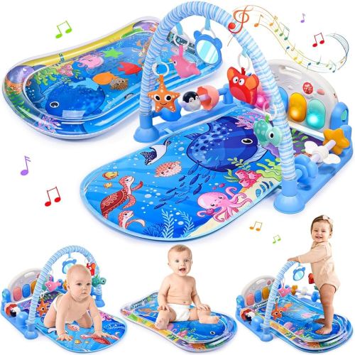 Baby Gyms Play Mats with Tummy Time Water Mat, Baby Activity Mat Play Piano Gym with 5 Sensory Toys for Babies, Music & Lights Boy & Girl Gifts for Newborn Babies 0-3 4-6 6-9 6-12 Months