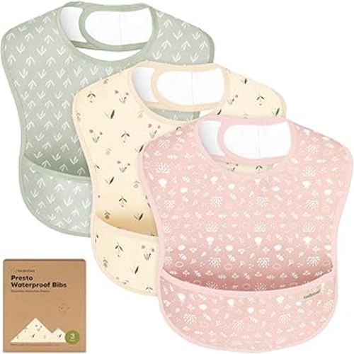 3-Pack Waterproof Baby Bibs for Eating - Lightweight Toddler Feeding Bibs with Large Food Catcher, Mess Proof, Food-Grade Baby Eating Essentials, Easy to Put On & Clean (Fleur)