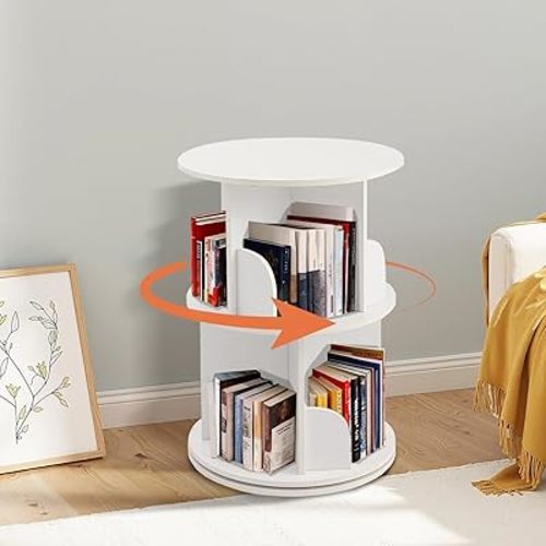 5/4/3/2-Tier Wooden Rotating Bookshelf, 360° Spinning Bookcase for Kids & Small Spaces, Corner Shelf Storage Organizer for Bedroom, Living Room,Multi-Functional Bookshelf Organizer (White, 2 Tier)
