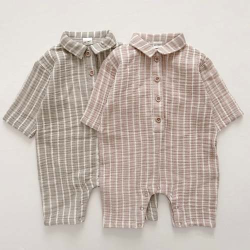 At Noon Baby Gauze Cotton Stripe Shirt Jumpsuit (6 M in Beige or Olive)