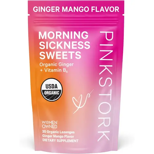 Pink Stork Morning Sickness Sweets, Organic Mango Ginger Candy with Vitamin B6 for Morning Sickness Support and Occasional Motion Sickness, Pregnancy Must Haves - 30 Wrapped Drops
