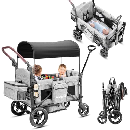 Rovique Wagon Stroller for 2 Kids,Premium Wagon for Kids with Removable Canopy, Snack Tray, Convertible Baby Bassinet, 5-Point Safety Harness, All-Terrain PU Wheels & Adjustable Push/Pull Handle,Grey