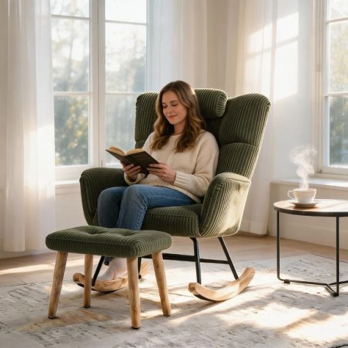 Modern Rocking Chair with Ottoman, Upholstered Glider Rocker with Adjustable Headrest, Soft Corduroy Fabric & Sturdy Metal Frame