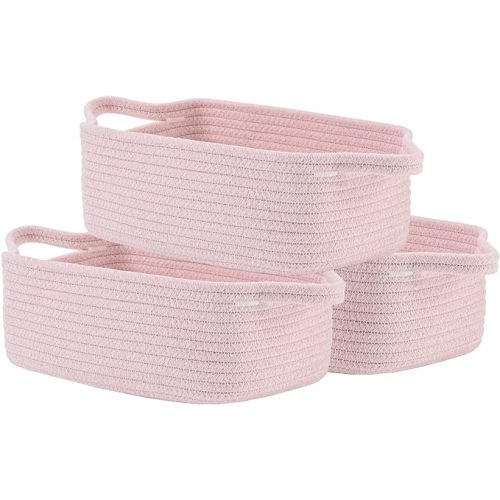 KALLAX Small Woven Basket, 12 x 8 x 4.5 Inches, Small Storage Baskets for Organizing, Gift Baskets Empty, Cute Rope Shelf Closet Storage Bins for Shelves, Dog Toy Basket, 3 Packs, Light Pink