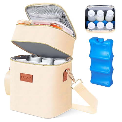 Breastmilk Cooler Bag with Ice Pack Fits 6 Baby Bottles Up to 9 Ounce, Insulated Baby Bottle Tote Bags, Double Layer Waterproof Leak-Proof with Shoulder Strap for Nursing &Working Mom