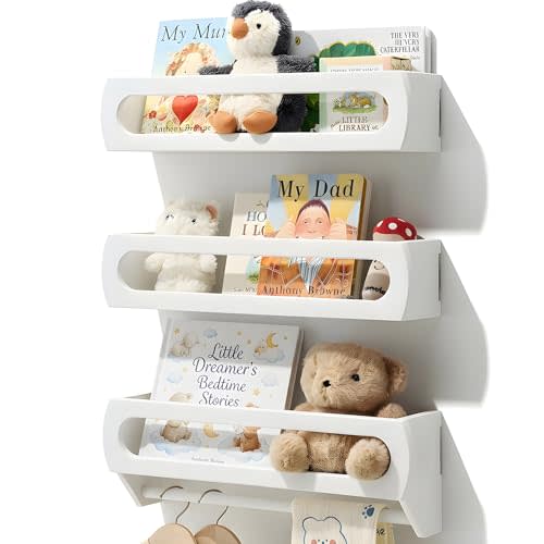 Nursery Book Shelves, Premium Bamboo Wood, Fully Assembled - Nursery Decor, Book Shelf for Kids Rooms, Multi-Use Floating Shelves for Wall with Hanger Bar, Set of 3 (White, 16.5 Inches)