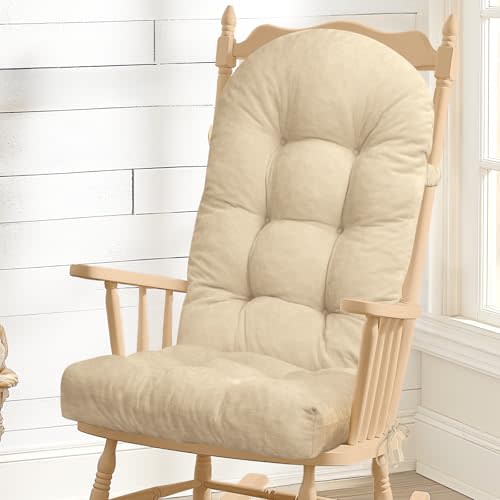 Rocking Chair Cushion - Chenille Fabric, High-Density Sponge, Durable Comfort Non-Slip Bottom Tufted Seat Pads with Ties, Chenille︱Ivory, 44x19x4 inch