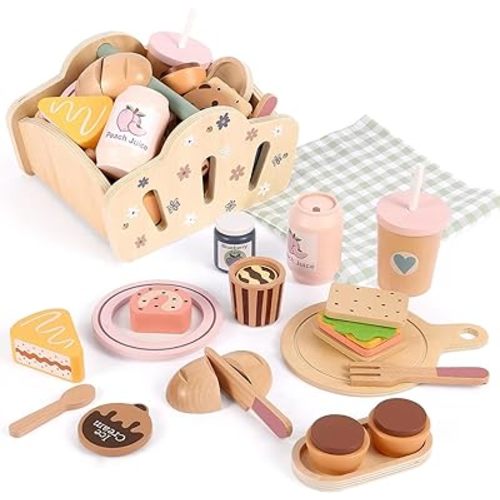 FIIOEOY Wooden Picnic Basket Toy for Toddlers, Kids Play Food Set with Dessert Food and Mat, Outdoor Pretend Play Kitchen Accessories Gift for Girls Boys 3 4 5 Years Old