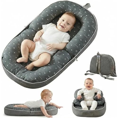 Baby Lounger for Newborn, 0-12 Months, Portable Infant Lounger Pillow with Adjustable Support, Soft Breathable Cover, Folds Into Backpack for Travel, Ideal for Home & Outdoor Use - Gray