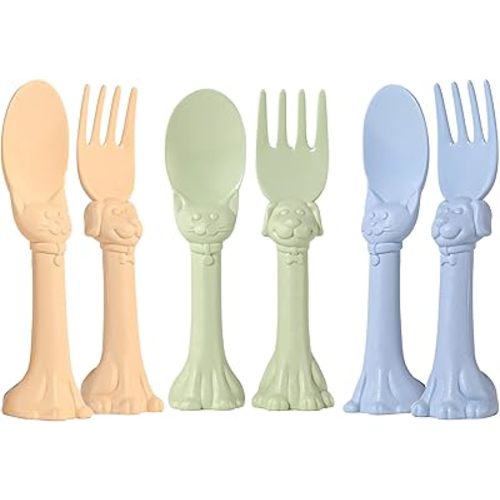 Made in USA Spoon la la Toddler Utensils Set - 6 Pack (3 Spoons & 3 Forks for Kids) - Self-Standing 3D Ergonomic Cat & Dog Handles - BPA-free, Dishwasher Safe, Baby Silverware (Blue, Yellow, Mint)