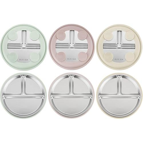 PandaEar 3 Pack Stainless Steel Toddler Plates with Suction, Divided Plates with Removable Silicone Sleeve for Babies & Toddlers（Pink/Green/Linen）