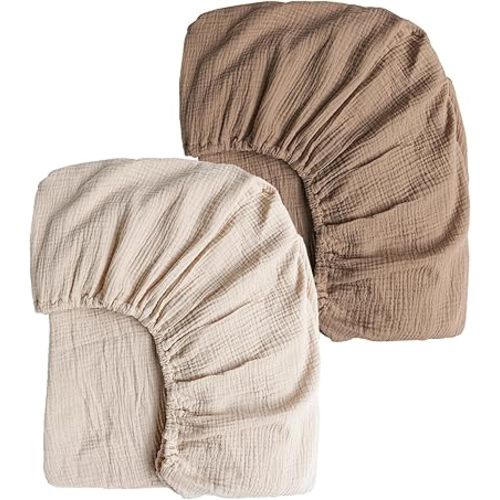 Konssy Muslin Crib Sheets for Girl Boy, 2 PCS Soft and Breathable Cotton Baby Sheets for Standard Crib Mattress, 52"x 28" (Brown, Cream)