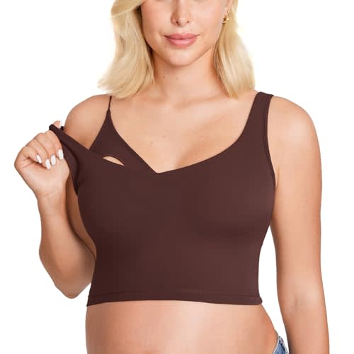 MOMANDA Women's Nursing Bras Longline Sports Breastfeeding V Neck Sleeveless Crop Tank Top with Built in Bra