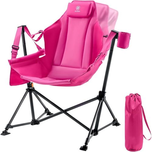 EVER ADVANCED Padded Oversized Hammock Camping Chair, Compact Heavy Duty Swing Chair with Multi-Storage Pockets, Portable Folding Rocking Camping Chair, Support Up to 400lbs, Pink