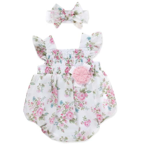 Baby Essentials 9 Months Infant Girls Romper with Matching Headband 100% Polyester Spring Summer Outfit in Pink Floral