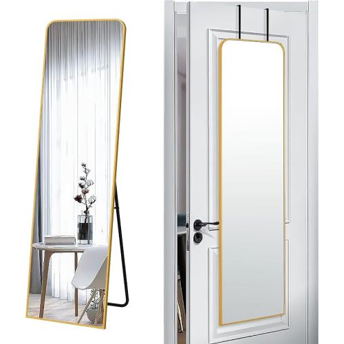 57x16" Full Length Mirror Floor Stand,Over the Door,Wall Mounted Gold