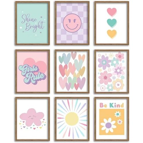 tgguytiy 9 Pcs Girls Room Wall Art Set, Pink Pastel Kids Canvas Posters with Hearts Smile Flowers, Cute Inspirational Nursery Decor for Baby Toddler Teen Girl Bedroom Playroom 8x10 Inch Unframed