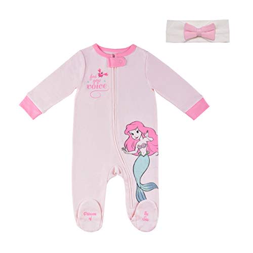 Disney Princess Girls’ Long Sleeve Footed Romper Coverall With Bow Headband for Newborn – Pink/White