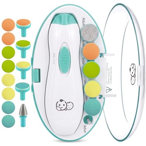 Royal Angels Upgraded 21 in 1 Baby Nail Trimmer with Labeled Case, 13 Extra Replacement Pads, Safe Electric Baby Nail File Kit for Newborn & Toddler, Whisper Quiet Nail Clipper with LED Light (Green)