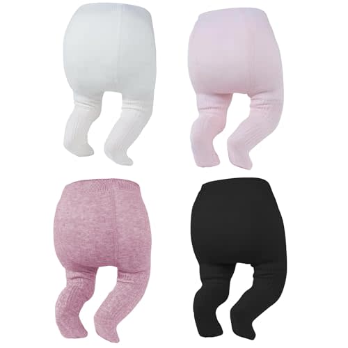 Zando 4 Pack Baby Girl Tights Cable Knit Cotton Winter Stockings 0-12M | Highly elastic, seamless, skin friendly, breathable, cotton, newborn tights, baby warm for daily wear and christenings.