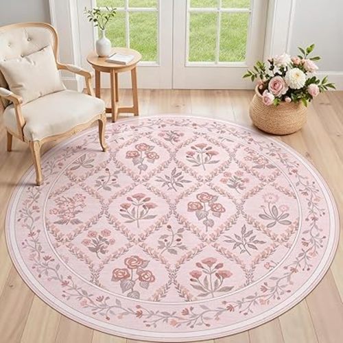 Round Rug 5ft Washable Circle Rug Non Slip Low Pile Boho Floral Small Circular Rug for Bedroom, Bathroom, Entryway, Kids Room, Office, College Dorm(Pink)