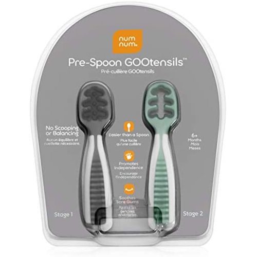 NumNum Pre-Spoon GOOtensils | Baby Spoon Set (Stage 1 + Stage 2) | BPA Free Silicone Self Feeding Toddler Utensils | For Kids Ages 6 Months+, 1-Pack, Two Spoons, Storm Gray/Glacier Green