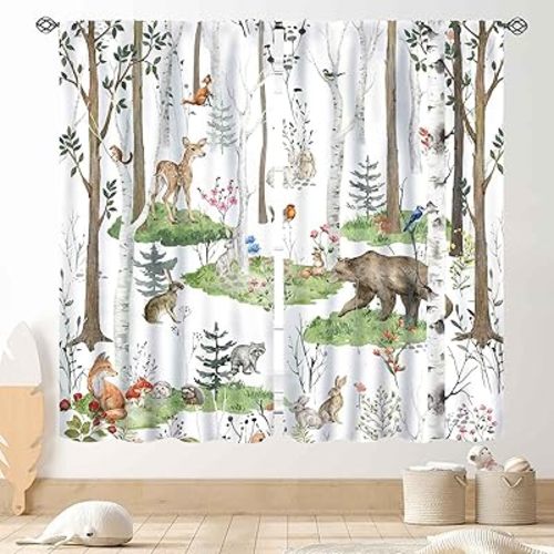Woodland Animals Curtains, Kids Baby Rustic Cartoon Cute Forest Wild Animals Country Lodge Cabin Bear Deer Fox Cottage Window Drapes Treatments for Nursery Girls Boys Bedroom Living Room, 42"x63" Inch
