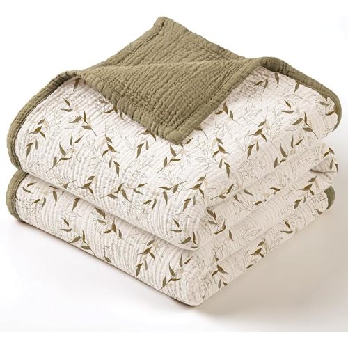 lulumoon Muslin Baby Blanket for Girls: Lightweight Cotton Blanket for Newborn - Soft Nursery Blanket for Stroller 47x47 Inches (Olive Flower)